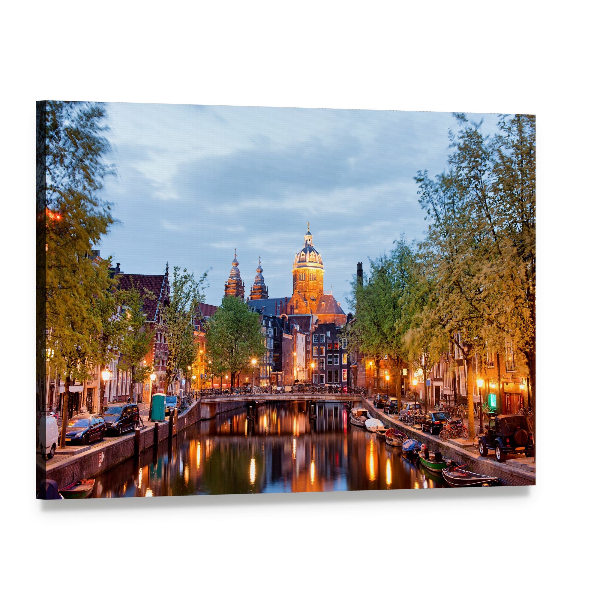 Amsterdam Evening Reflection Canvas Wall Art, single panel gallery wrapped canvas, angled product view