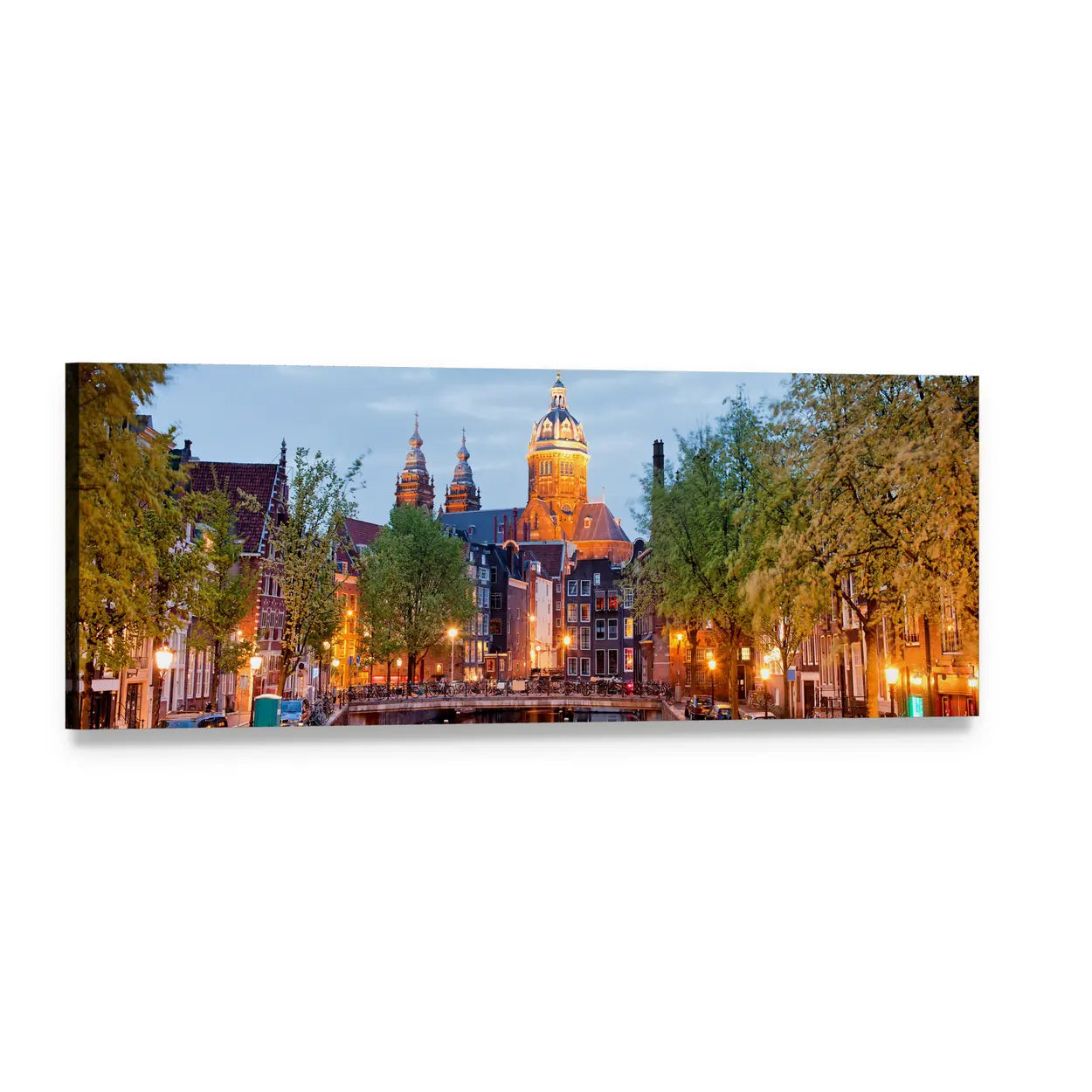 Amsterdam at Dusk Panoramic Canvas Wall Art, single panel gallery wrapped canvas, angled product view