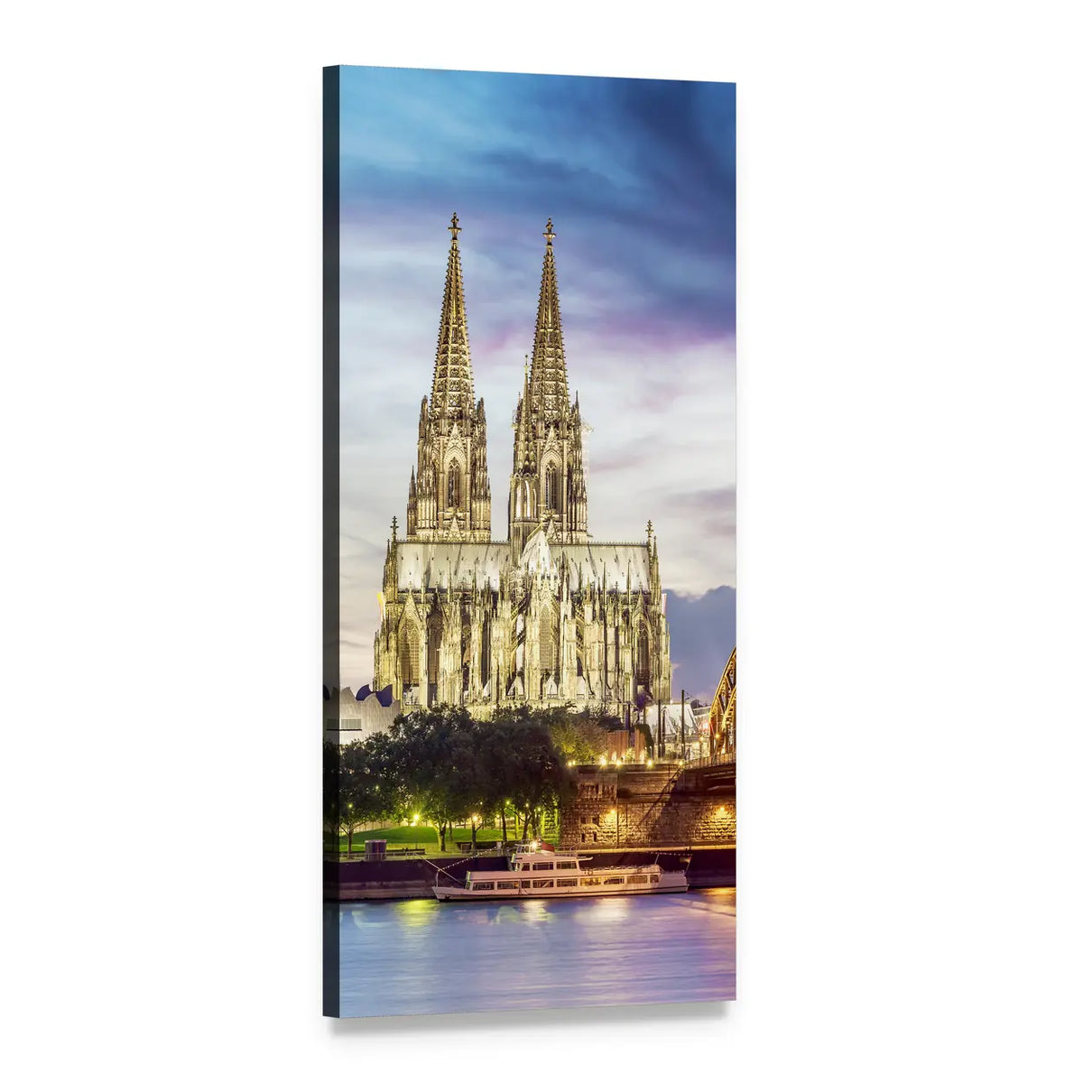 Illuminated Cologne Cathedral at Twilight Vertical Canvas Wall Art, 1 panel 1 Vertical layout gallery wrapped canvas set, angled product view