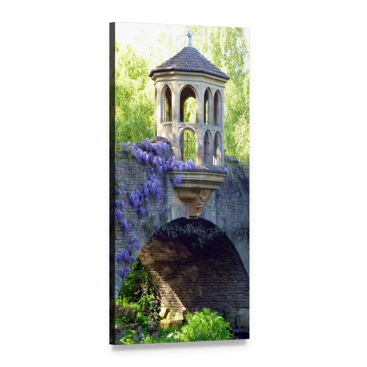 Wisteria on Stone Gazebo and Bridge Vertical Canvas Wall Art, 1 panel 1 Vertical layout gallery wrapped canvas set, angled product view