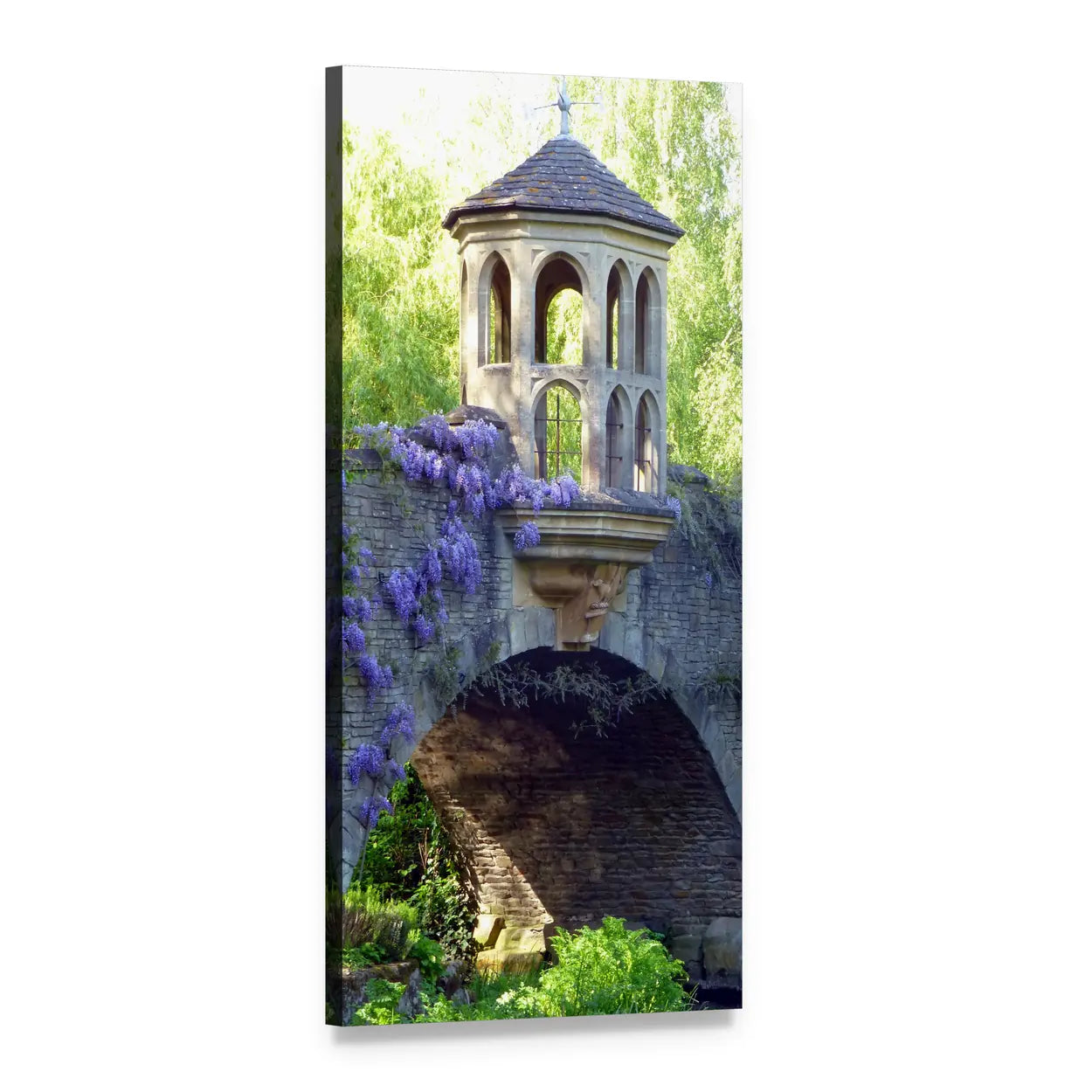 Wisteria on Stone Gazebo and Bridge Vertical Canvas Wall Art, 1 panel 1 Vertical layout gallery wrapped canvas set, angled product view