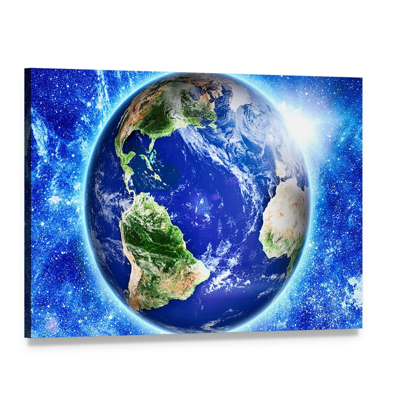 Blue Planet Earth from Space Canvas Wall Art, single panel gallery wrapped canvas, angled product view