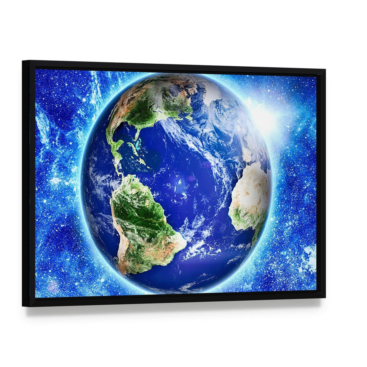 Blue Planet Earth from Space Canvas Wall Art, framed canvas in a black floater frame, angled product view