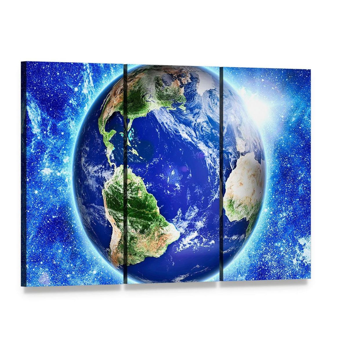 Blue Planet Earth from Space Canvas Wall Art, 3 panel 3 Horizontal layout gallery wrapped canvas set, angled product view