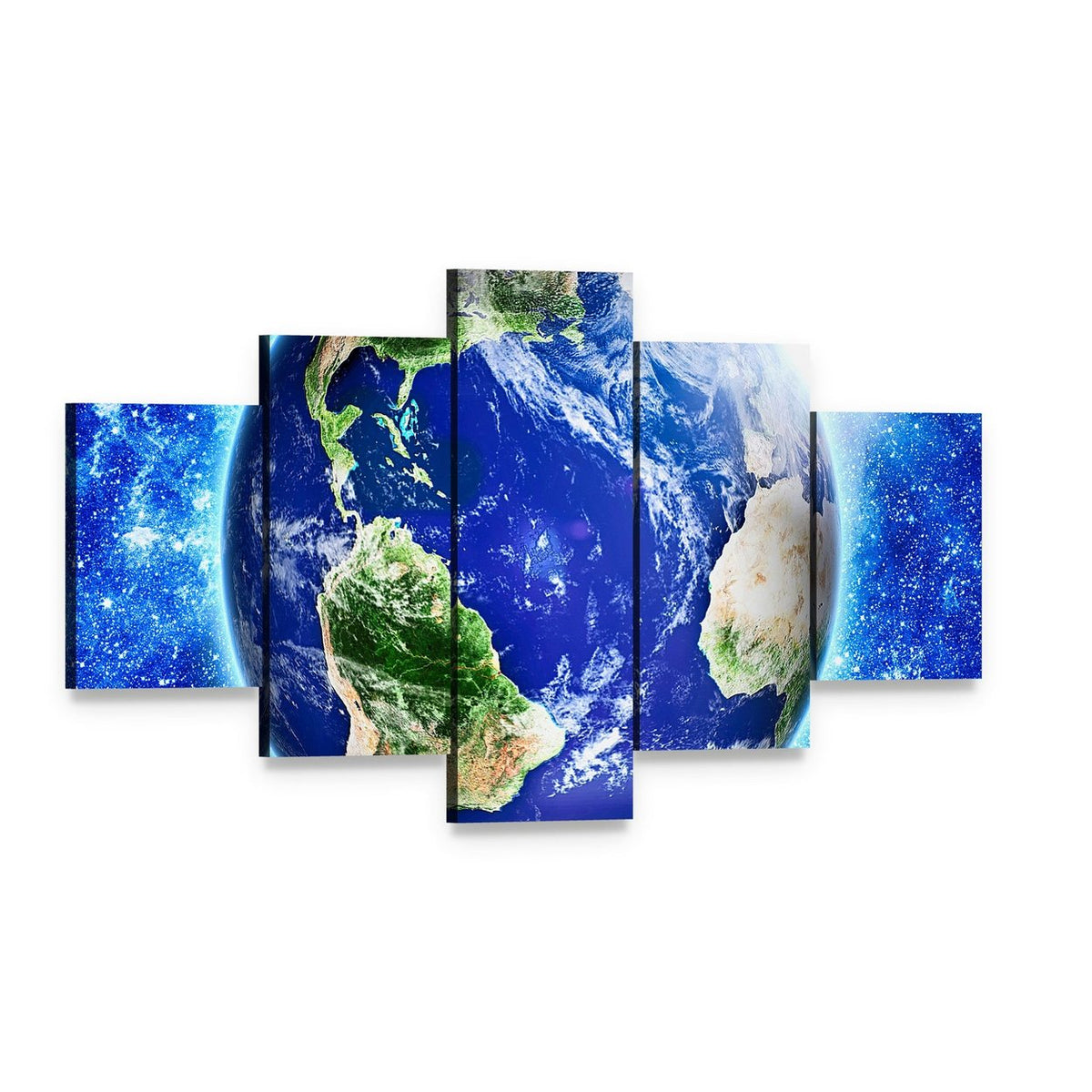 Blue Planet Earth from Space Canvas Wall Art, 5 panel 5 Star layout gallery wrapped canvas set, angled product view