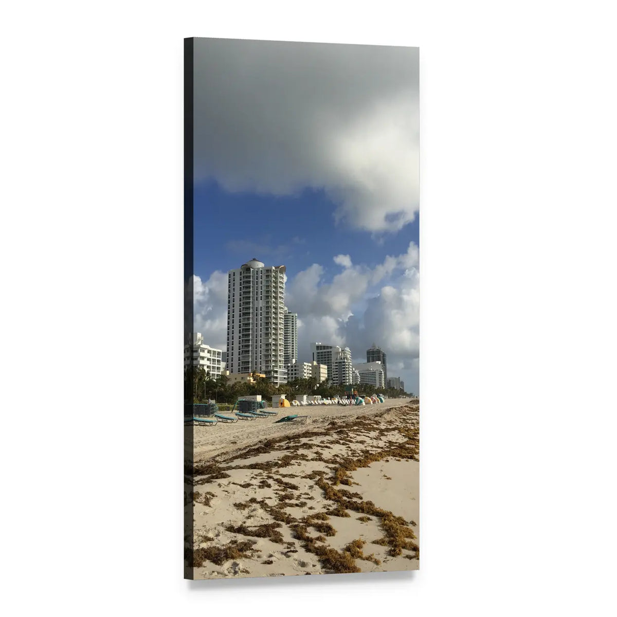 Miami Beach Shoreline with City Skyline Vertical Canvas Wall Art, 1 panel 1 Vertical layout gallery wrapped canvas set, angled product view