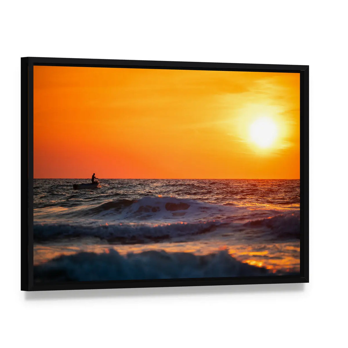 Fisherman Sailing at Sunrise Canvas Wall Art, framed canvas in a black floater frame, angled product view