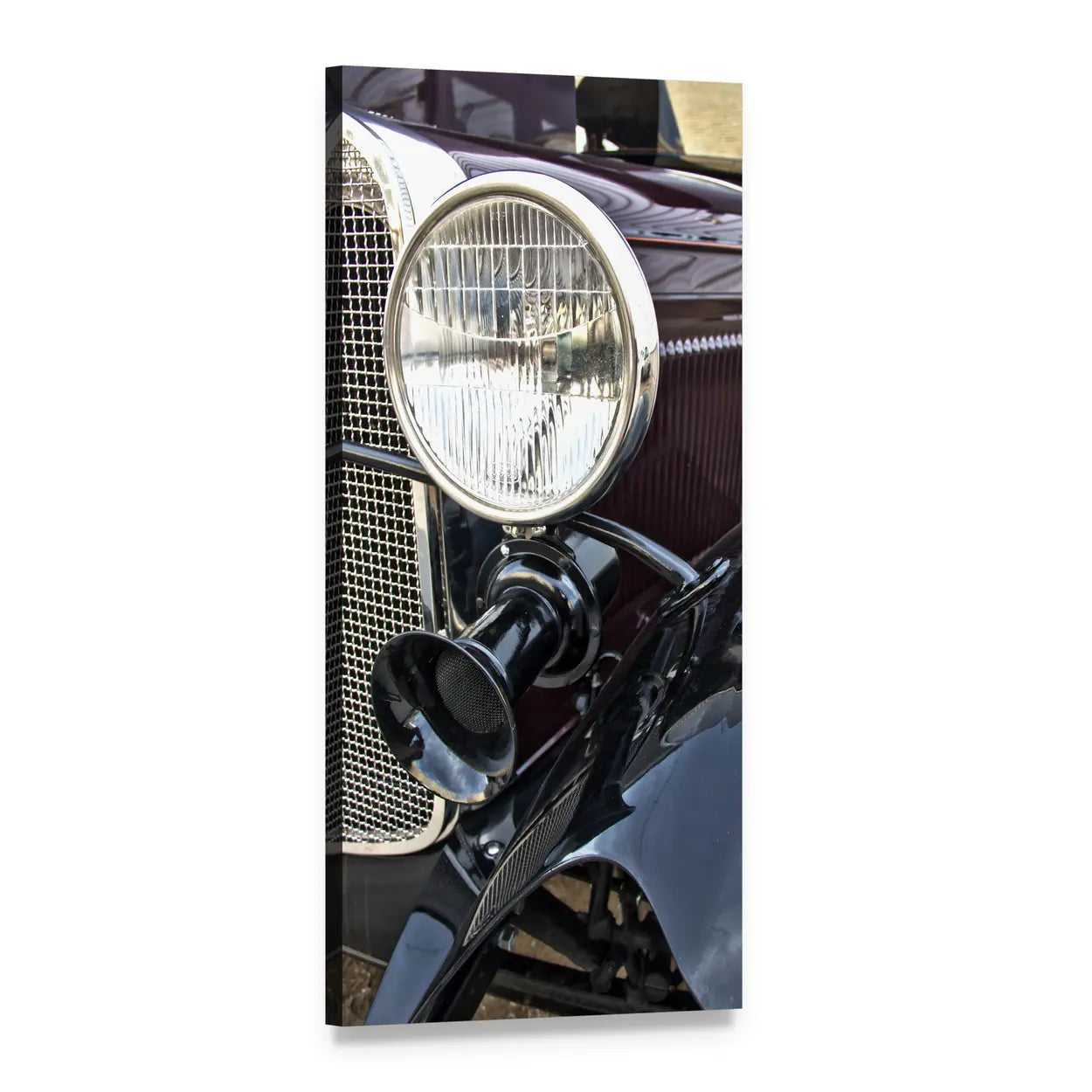 Vintage Maroon Car Headlight Detail Vertical Canvas Wall Art, 1 panel 1 Vertical layout gallery wrapped canvas set, angled product view