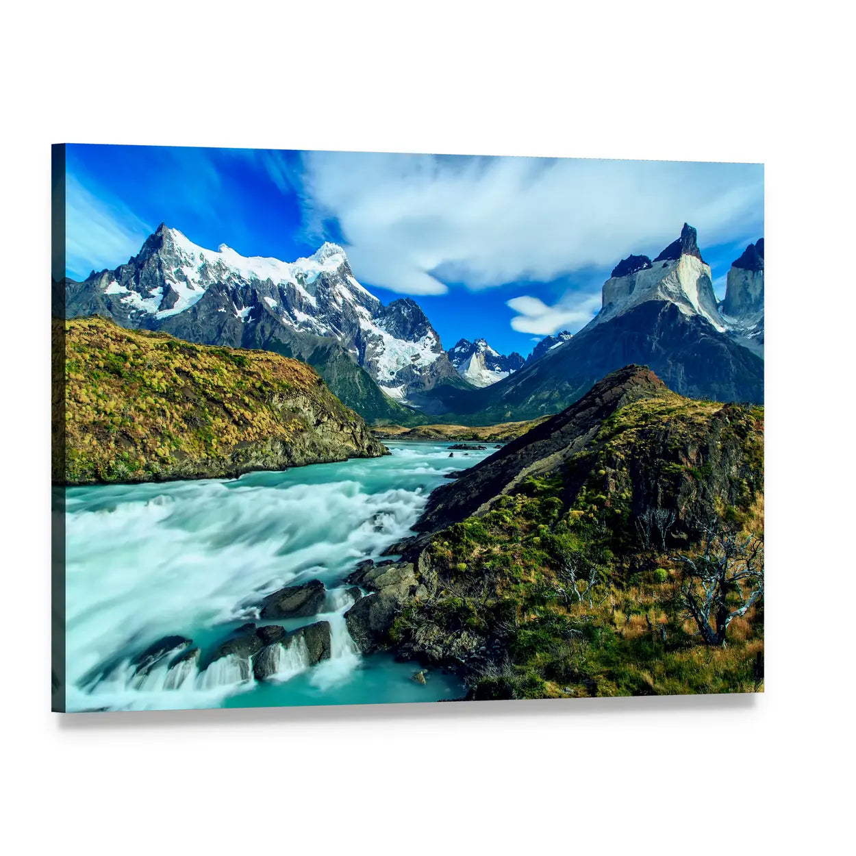 Luxury River Mountain Canvas Wall Art, single panel gallery wrapped canvas, angled product view