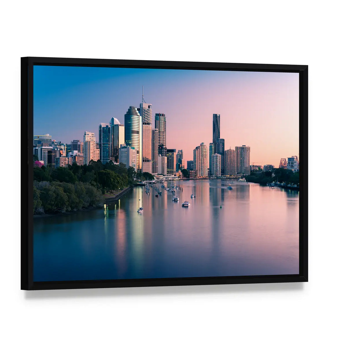Brisbane Downtown At Sunrise Canvas Wall Art, framed canvas in a black floater frame, angled product view