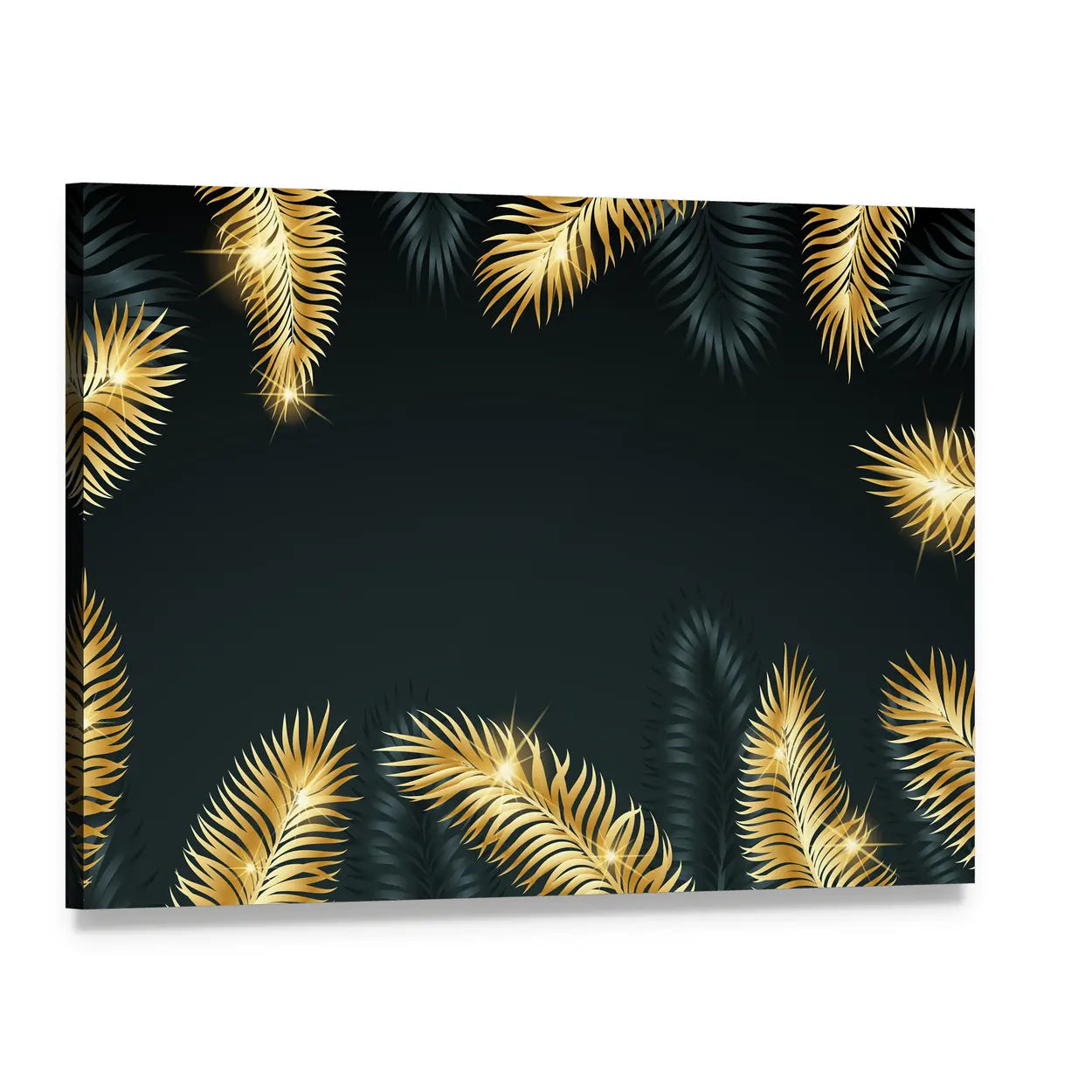 Golden Palm Leaves Abstract Canvas Wall Art, single panel gallery wrapped canvas, angled product view