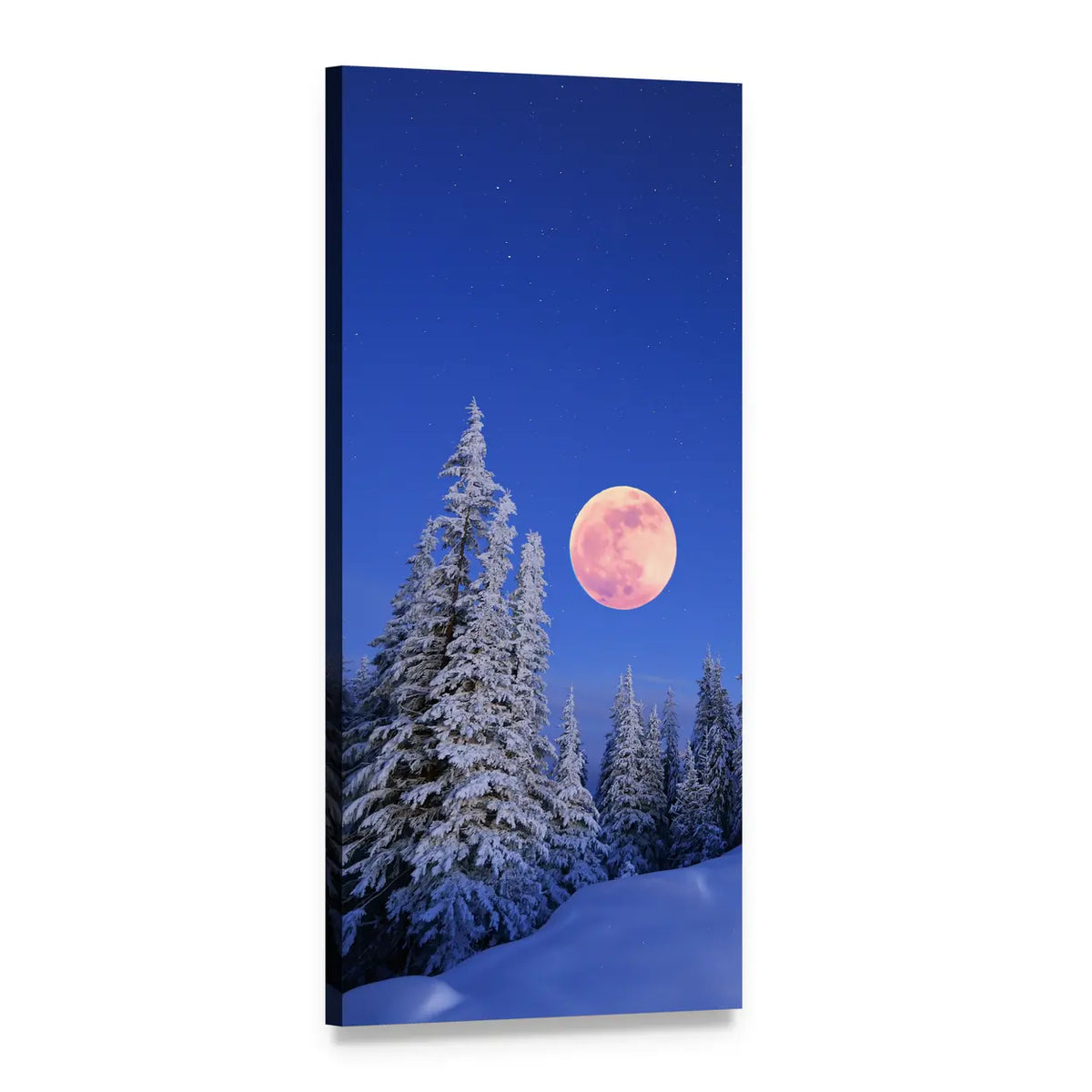 Winter Moon Over Snowy Mountain Pines Vertical Canvas Wall Art, 1 panel 1 Vertical layout gallery wrapped canvas set, angled product view