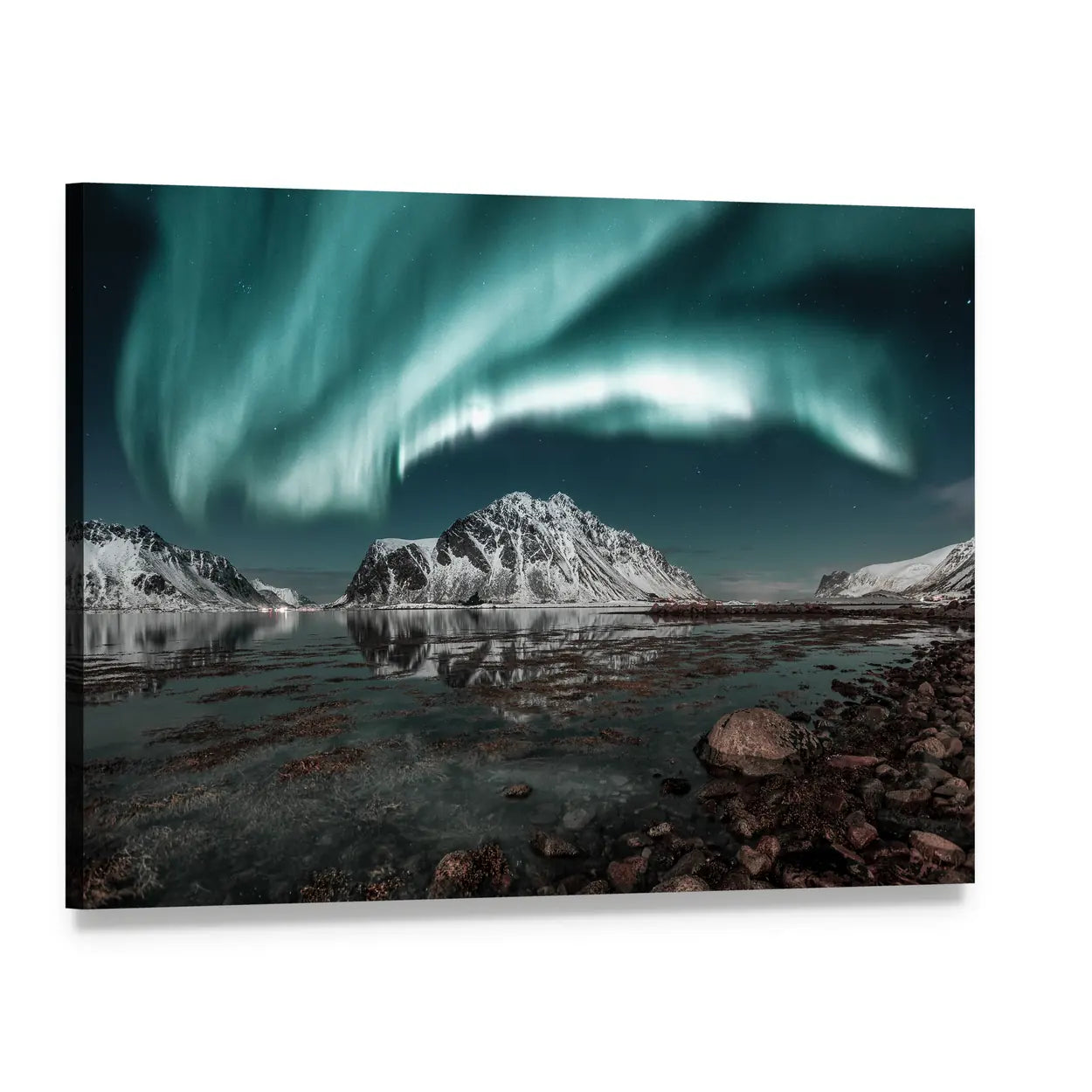 Northern Lights Over Lofoten Canvas Wall Art, single panel gallery wrapped canvas, angled product view