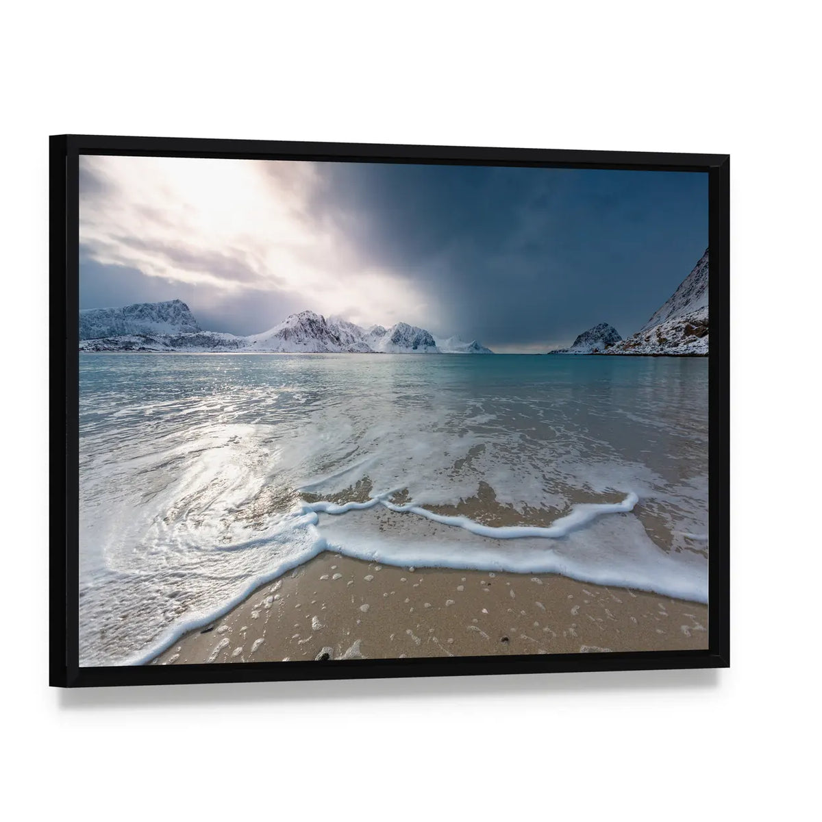 Haukland Beach Lofoten Norway Canvas Wall Art, framed canvas in a black floater frame, angled product view