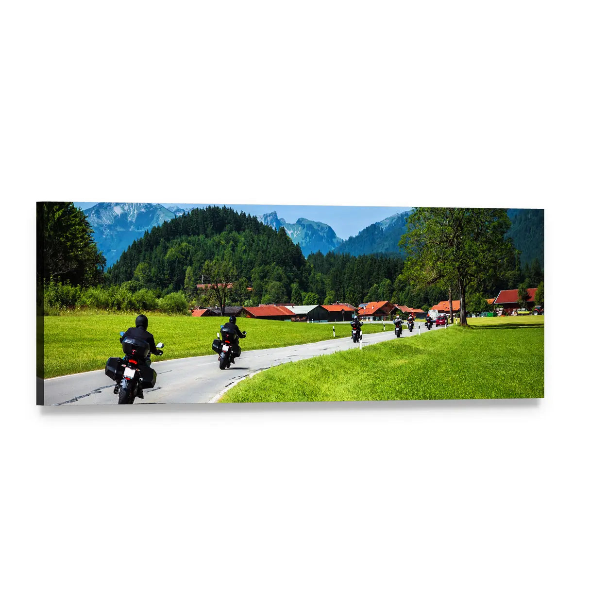 Motorcyclists on Alpine Road Panoramic Canvas Wall Art, single panel gallery wrapped canvas, angled product view