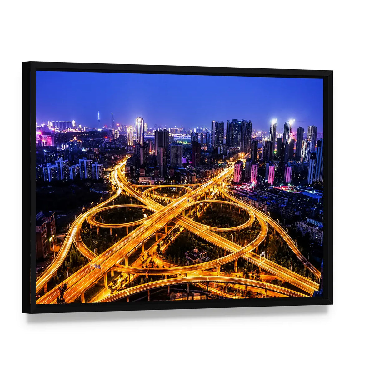 Night Traffic Interchange in Hanyang, Wuhan Canvas Wall Art, framed canvas in a black floater frame, angled product view