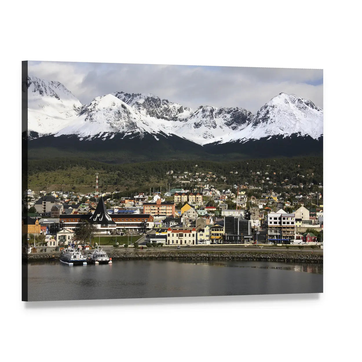 Ushuaia Harbor with Snow-capped Peaks Canvas Wall Art, single panel gallery wrapped canvas, angled product view