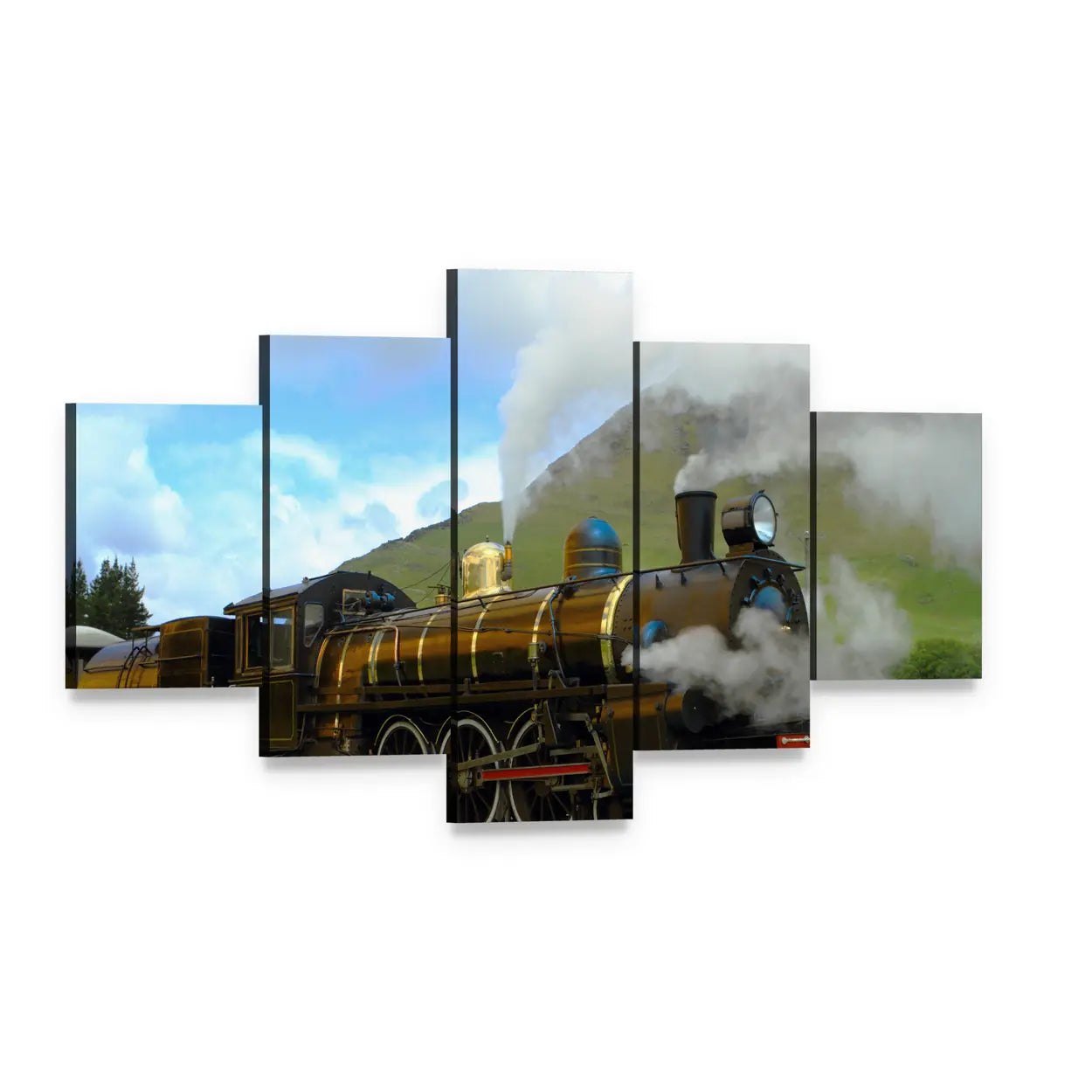 Historic Steam Train Canvas Wall Art, 5 panel 5 Star layout gallery wrapped canvas set, angled product view