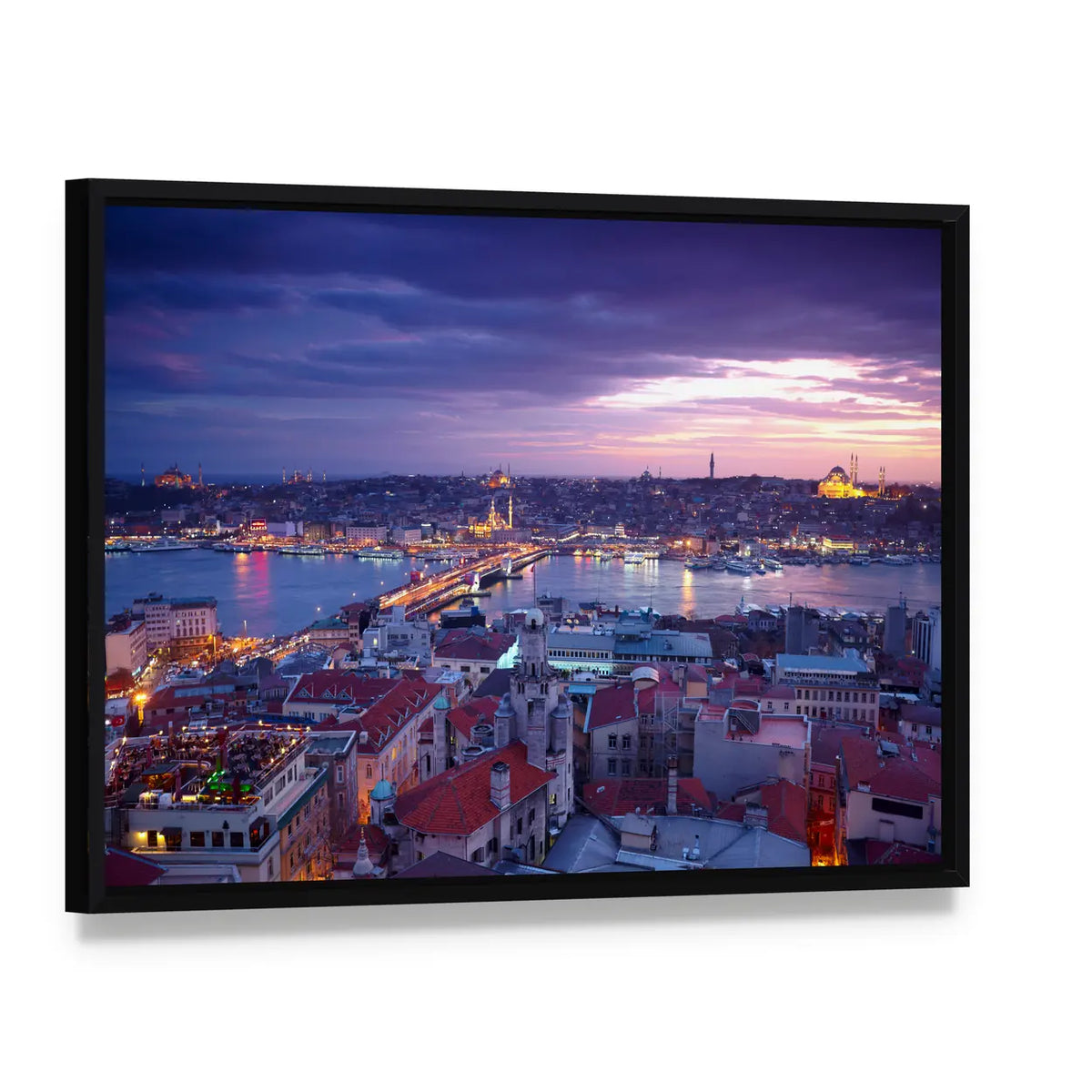 Istanbul At Sunset Canvas Wall Art, framed canvas in a black floater frame, angled product view