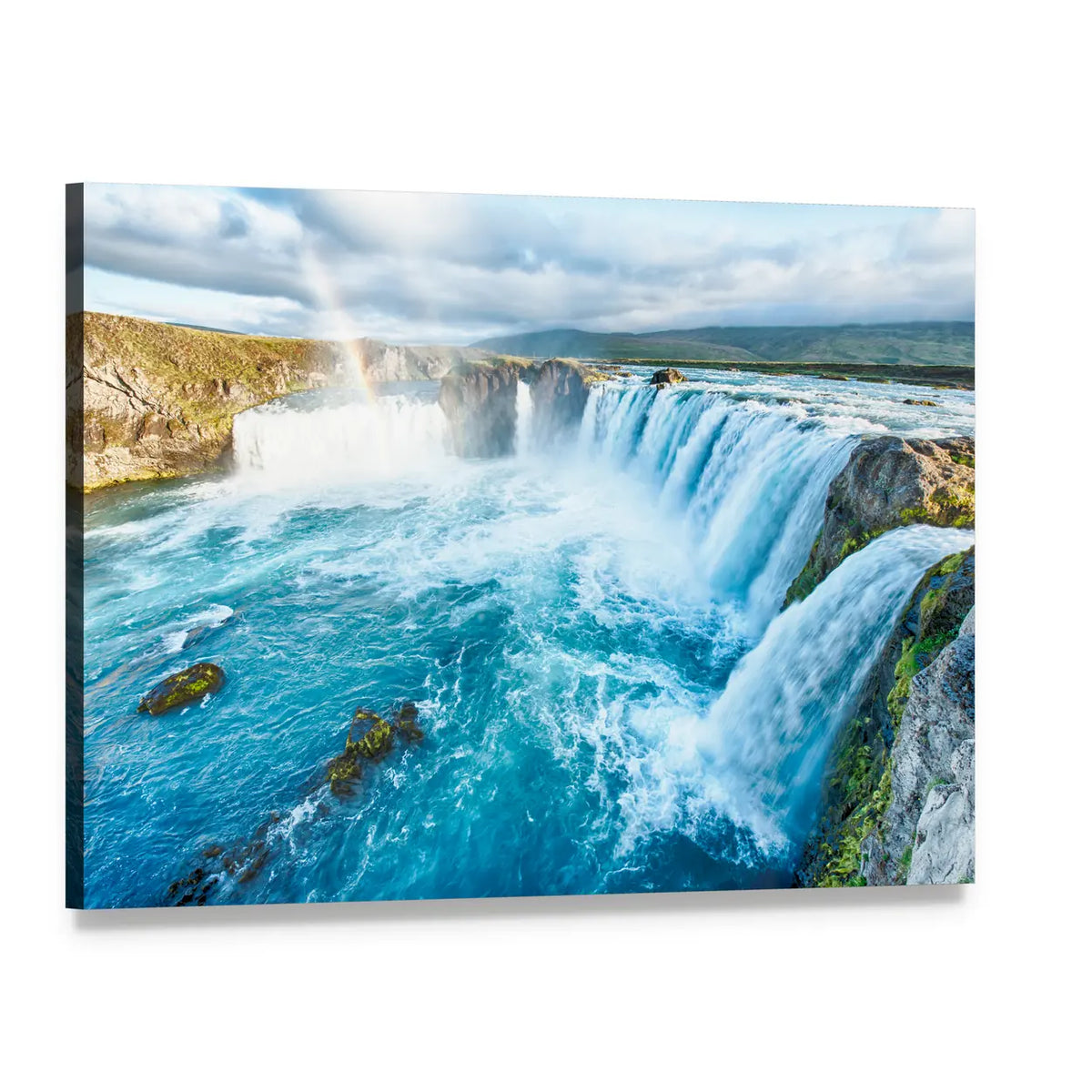 Godafoss Waterfall with Turquoise Spray Canvas Wall Art, single panel gallery wrapped canvas, angled product view