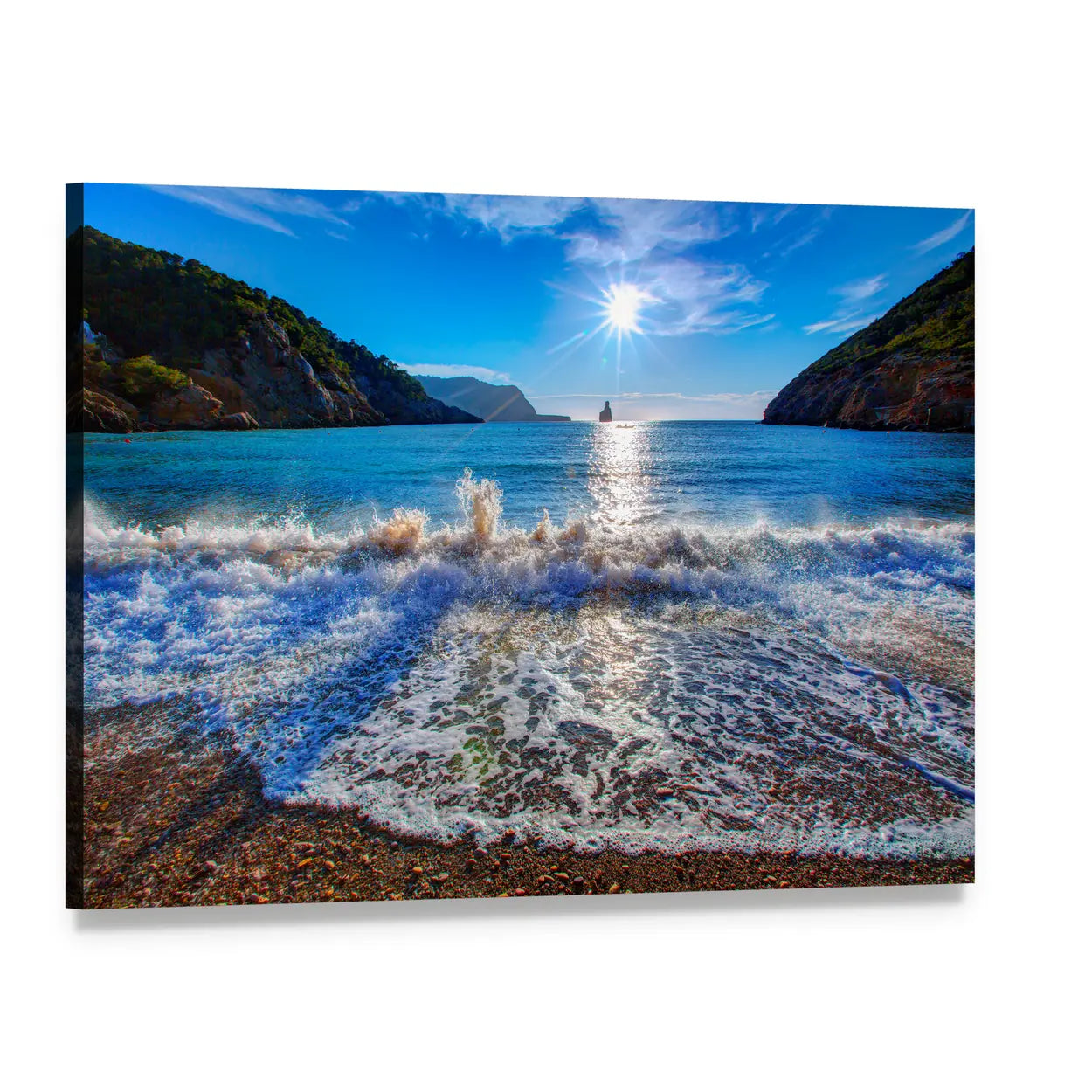 Sunset Beach with Boat on the Horizon Canvas Wall Art, single panel gallery wrapped canvas, angled product view