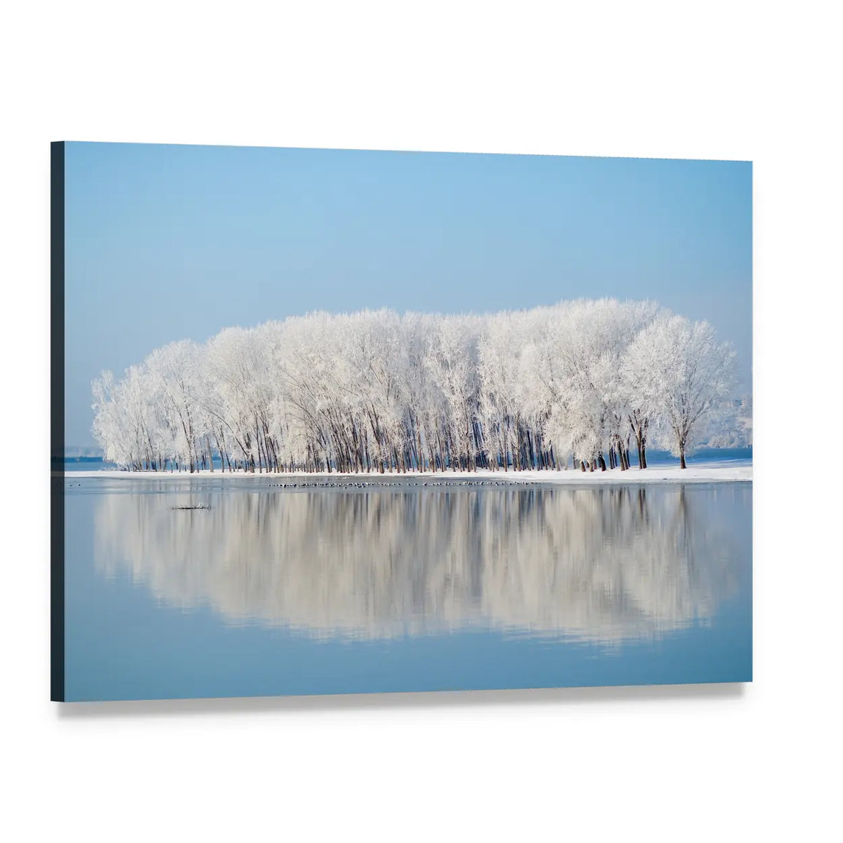 Clear Blue Winter Landscape Canvas Wall Art, single panel gallery wrapped canvas, angled product view