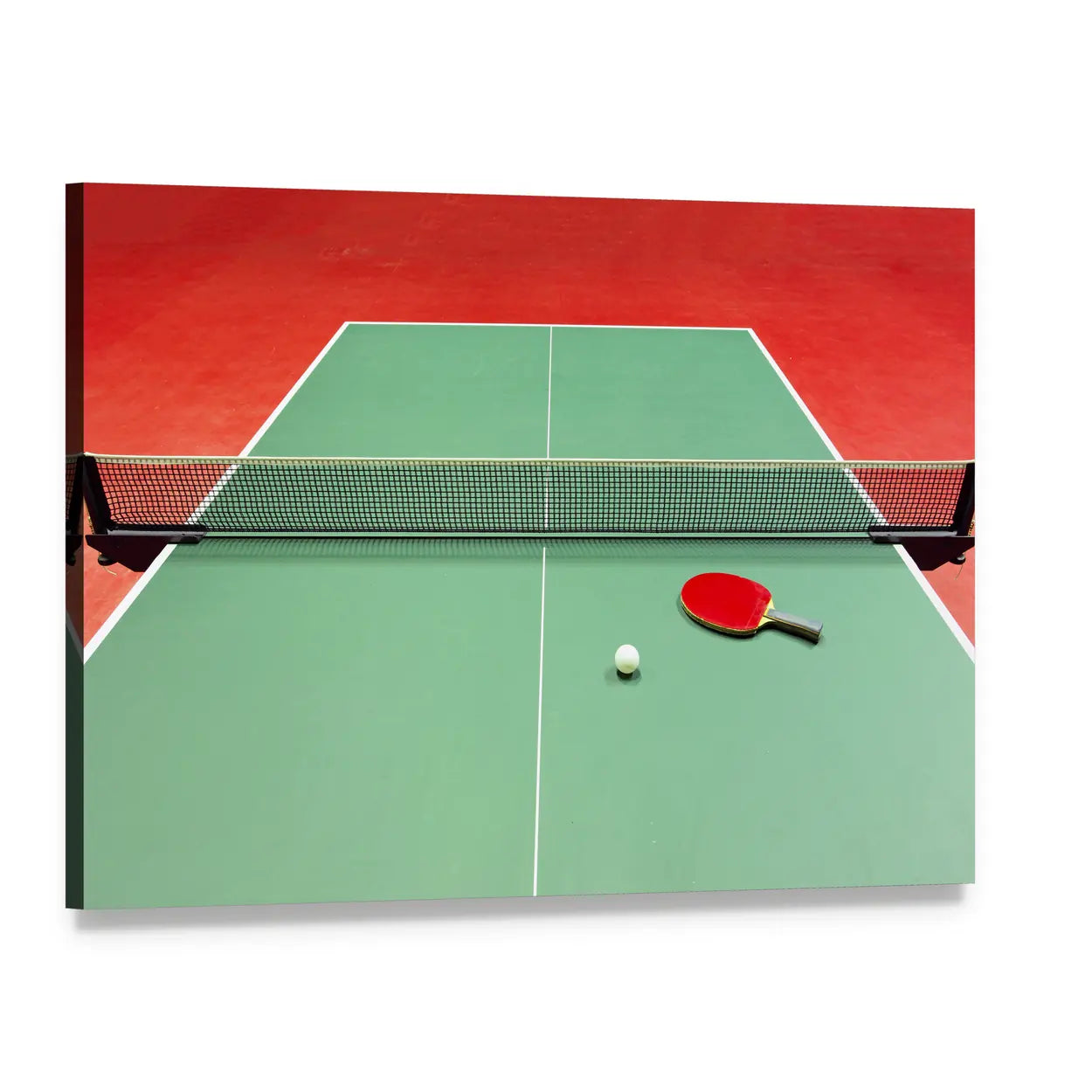 Red Table Tennis Paddle and Ball Canvas Wall Art, single panel gallery wrapped canvas, angled product view