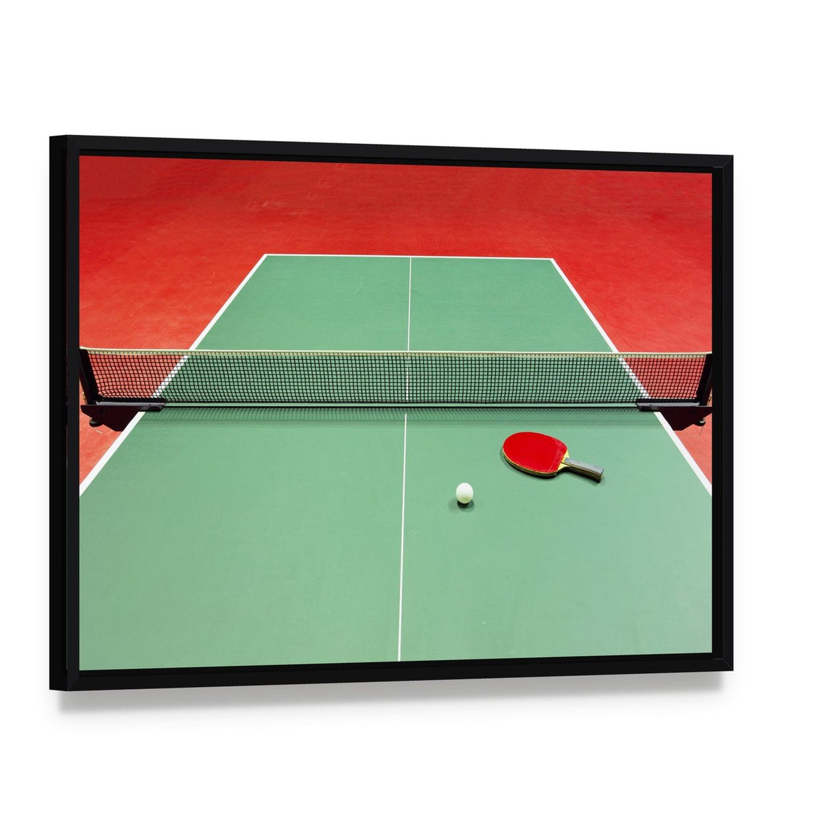 Red Table Tennis Racket Canvas Wall Art, framed canvas in a black floater frame, angled product view