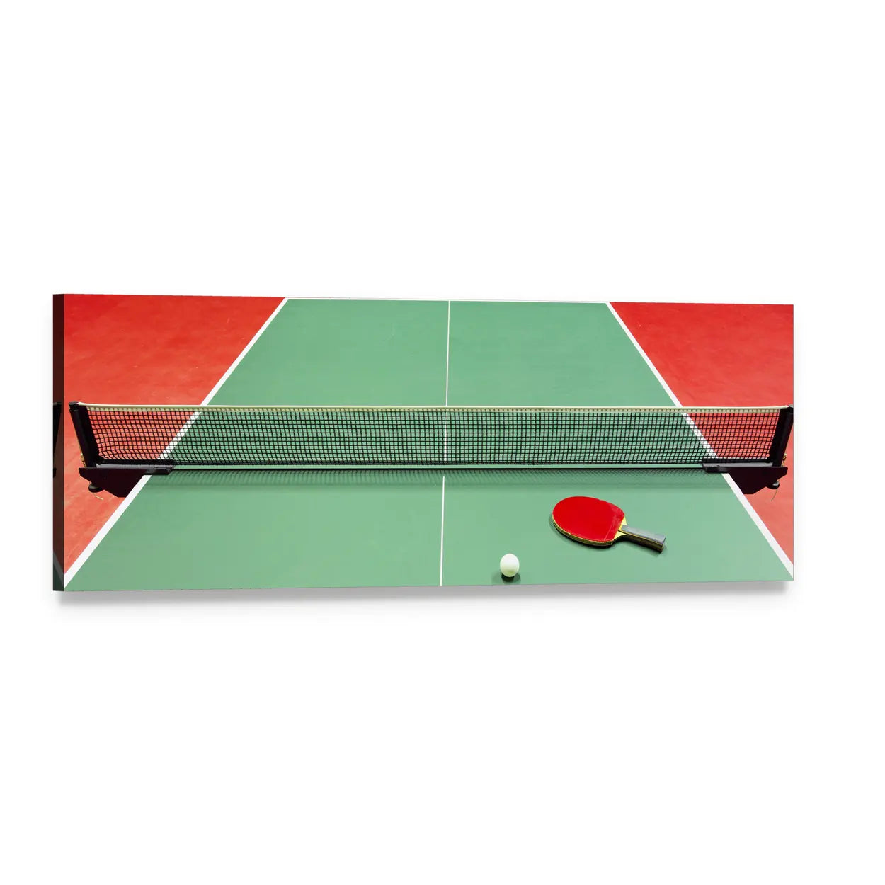 Red Ping Pong Paddle on Green Table Panoramic Canvas Wall Art, single panel gallery wrapped canvas, angled product view