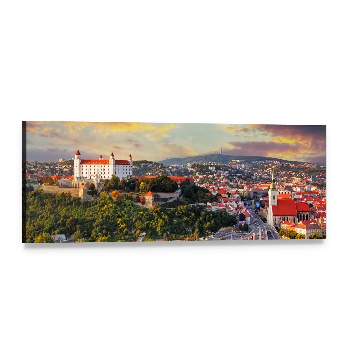 Bratislava Castle at Sunset Panoramic Canvas Wall Art, single panel gallery wrapped canvas, angled product view