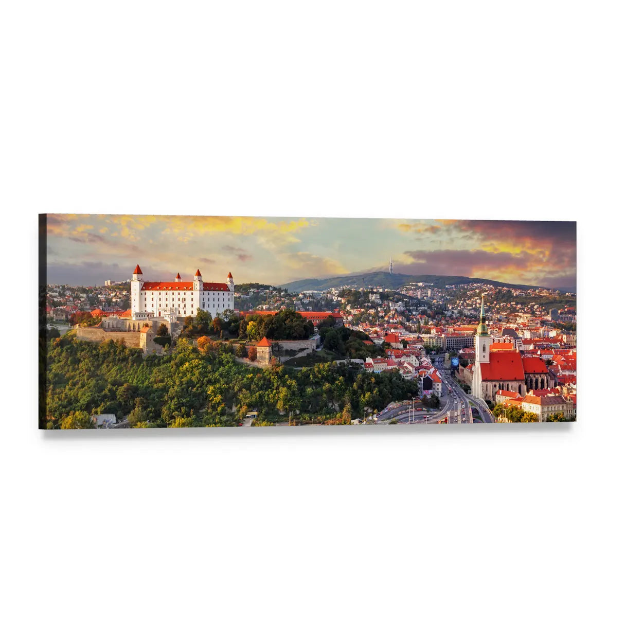 Bratislava Castle at Sunset Panoramic Canvas Wall Art, single panel gallery wrapped canvas, angled product view