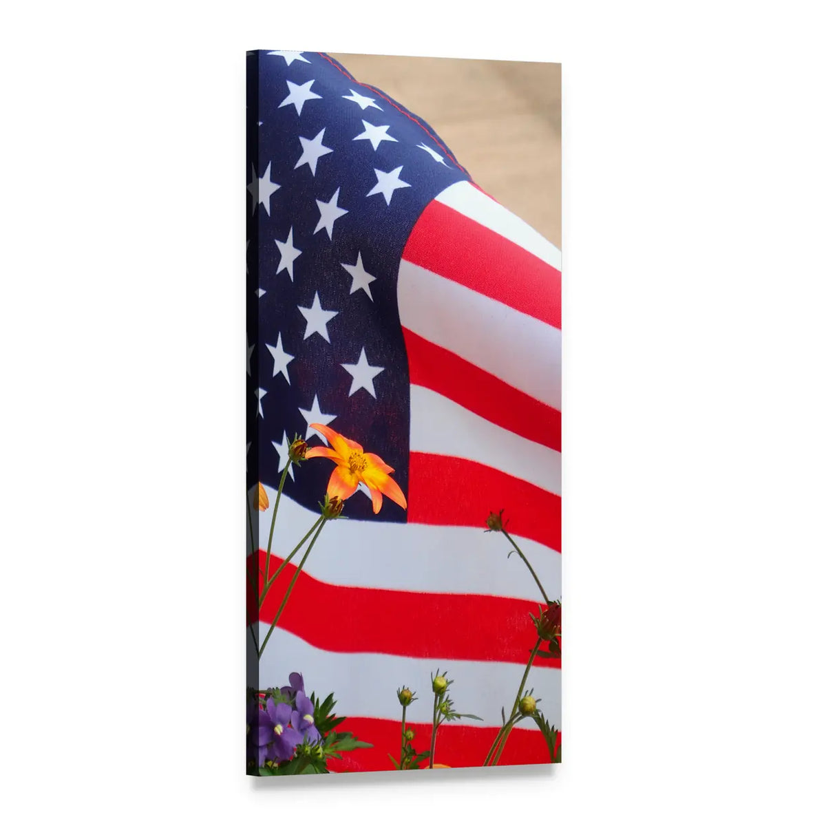 American Flag with Orange Lily and Wildflowers Vertical Canvas Wall Art, 1 panel 1 Vertical layout gallery wrapped canvas set, angled product view