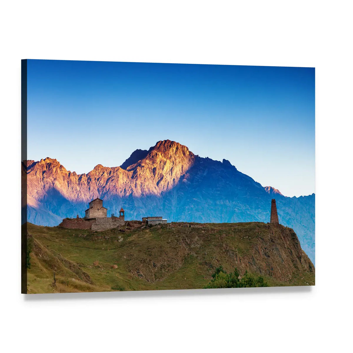 Sunlit Mountain Village with Stone Tower Canvas Wall Art, single panel gallery wrapped canvas, angled product view