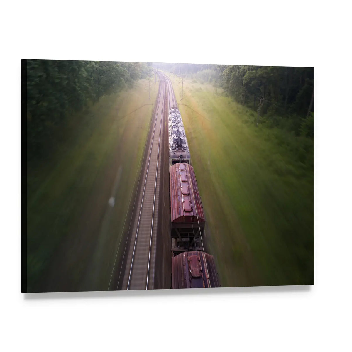 Freight Train Travels Through Foggy Forest Canvas Wall Art, single panel gallery wrapped canvas, angled product view