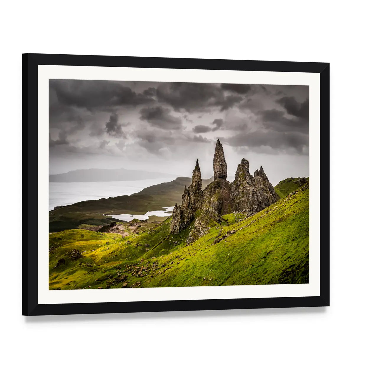 Storr Rock, Scotland Landscape Canvas Wall Art, framed print with white mat and black frame, angled product view