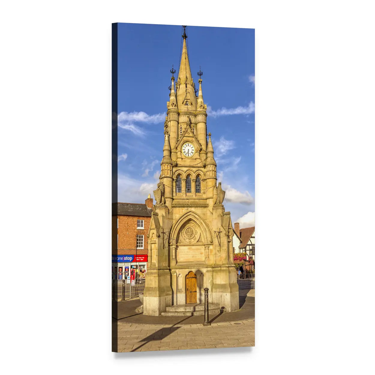 Shakespeare Clock Tower in England Vertical Canvas Wall Art, 1 panel 1 Vertical layout gallery wrapped canvas set, angled product view