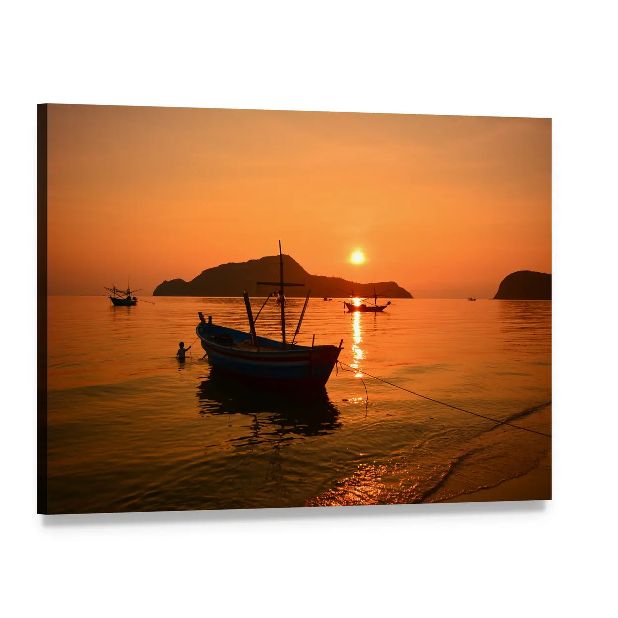 Long Tail Boat at Sunset Canvas Wall Art, single panel gallery wrapped canvas, angled product view