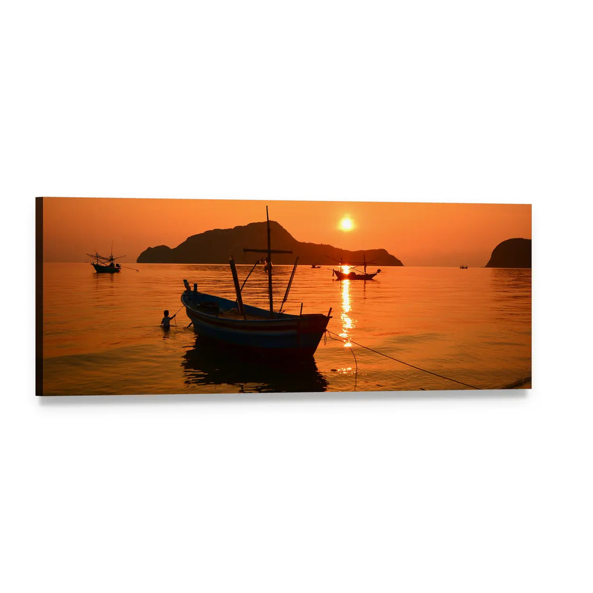 Long Tail Boat at Sunset Panoramic Canvas Wall Art, single panel gallery wrapped canvas, angled product view