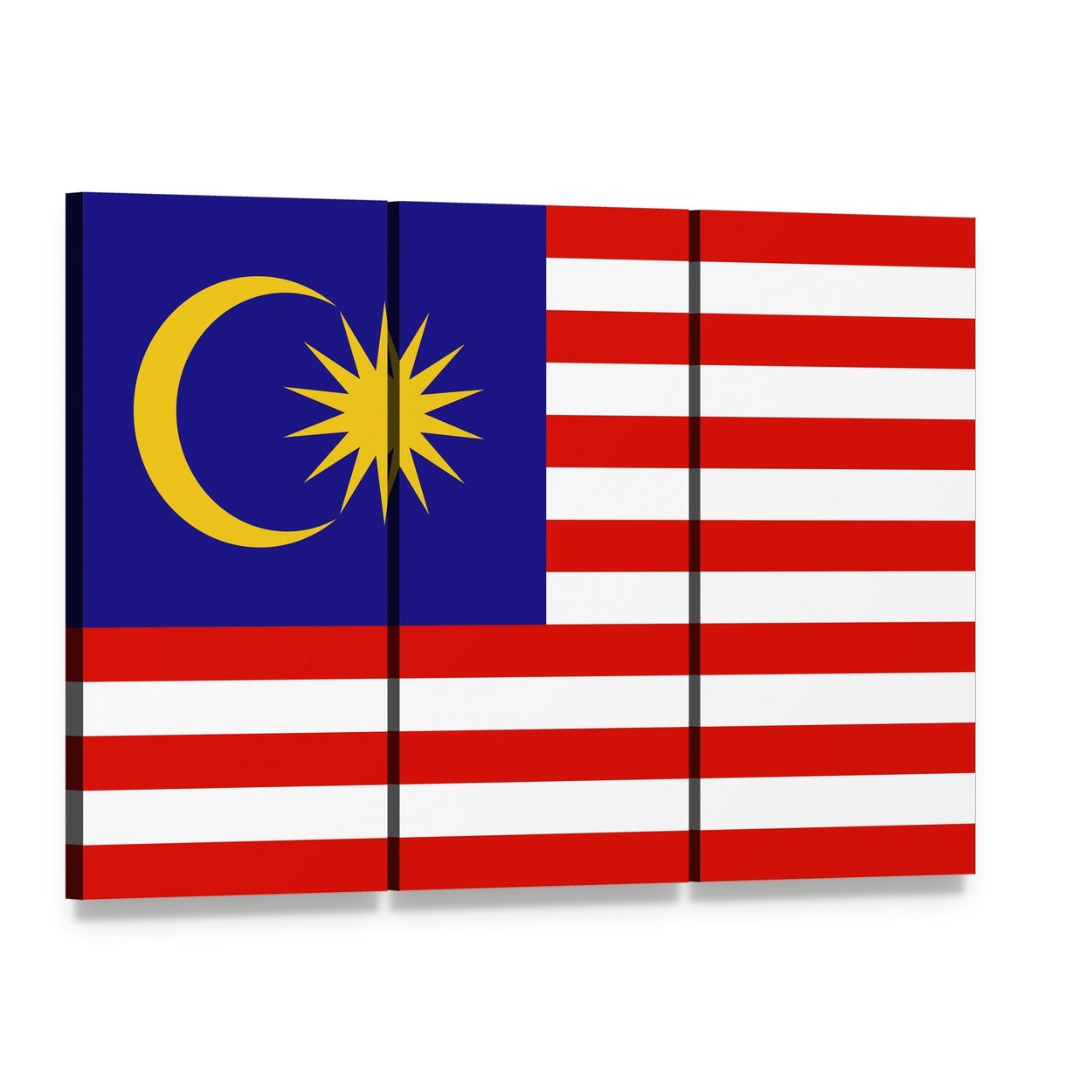 Malaysian Flag with Crescent and 14-point Star Canvas Wall Art, 3 panel 3 Horizontal layout gallery wrapped canvas set, angled product view