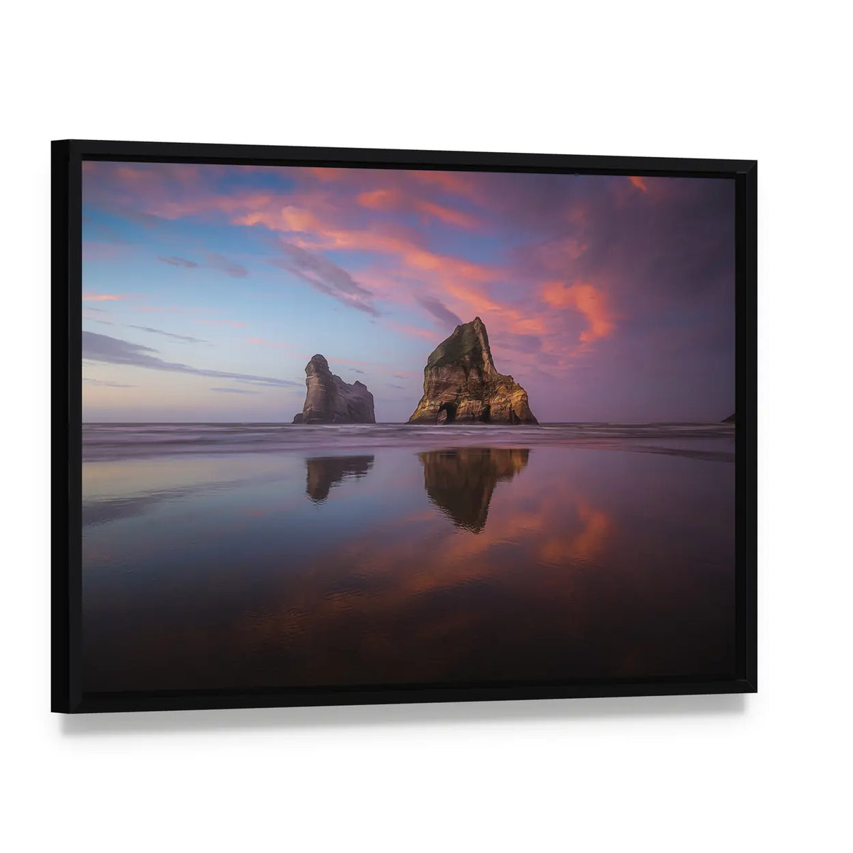 Sunrise At Wharariki Beach In New Zealand Canvas Wall Art, framed canvas in a black floater frame, angled product view