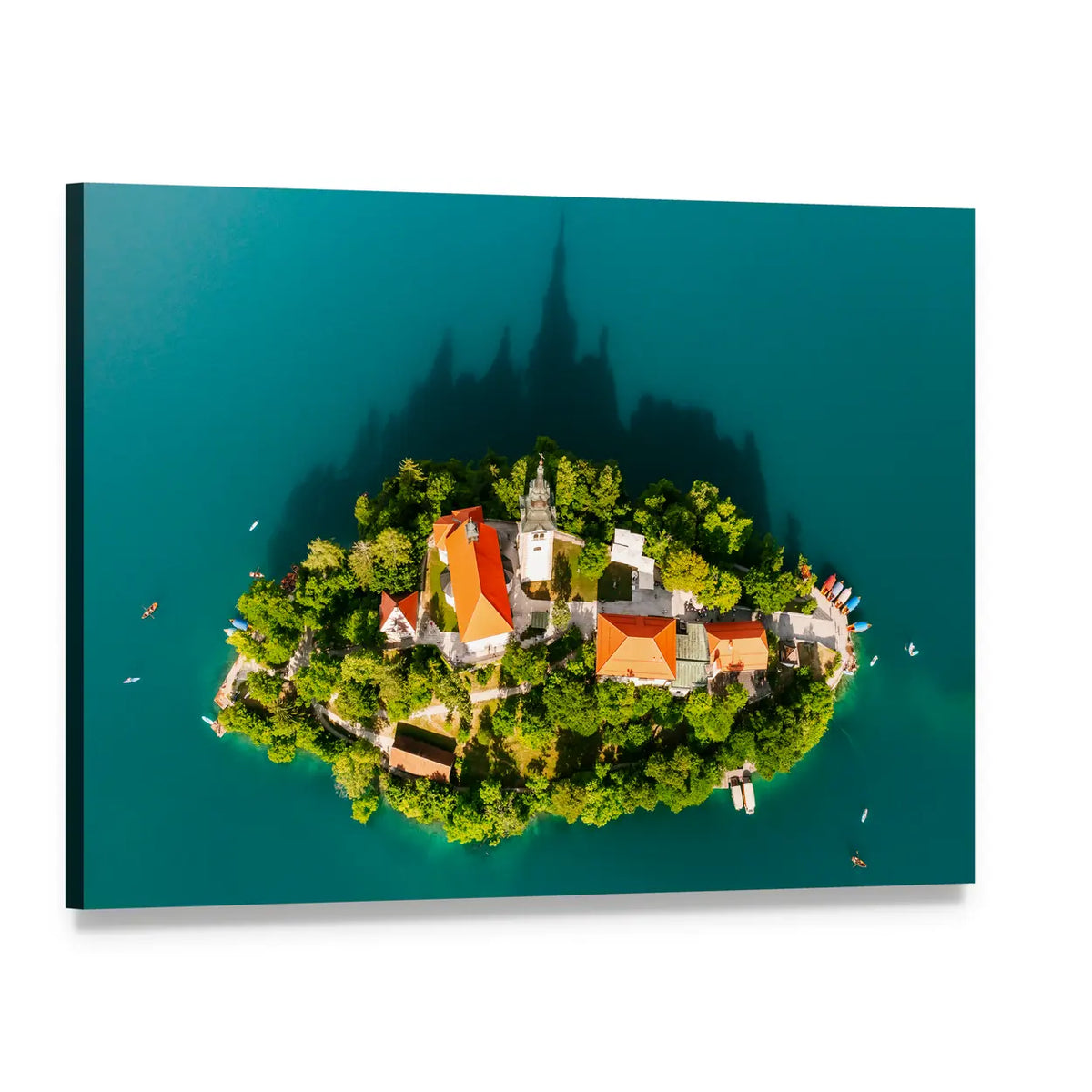 Lake Bled With Assumption Of Maria Church Slovenia Canvas Wall Art, single panel gallery wrapped canvas, angled product view