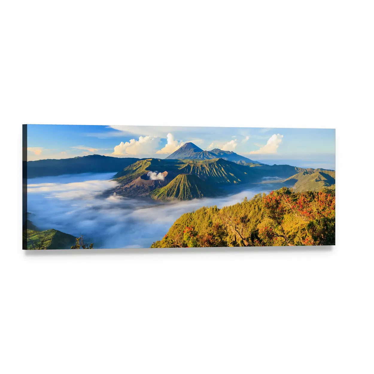 Volcano Sunrise Over Misty Mountain Ridges Panoramic Canvas Wall Art, single panel gallery wrapped canvas, angled product view