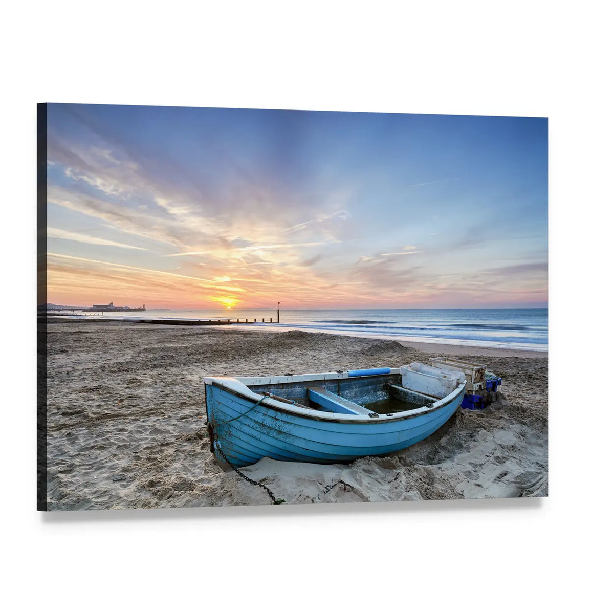 Turquoise Blue Fishing Boat at Sunrise Canvas Wall Art, single panel gallery wrapped canvas, angled product view