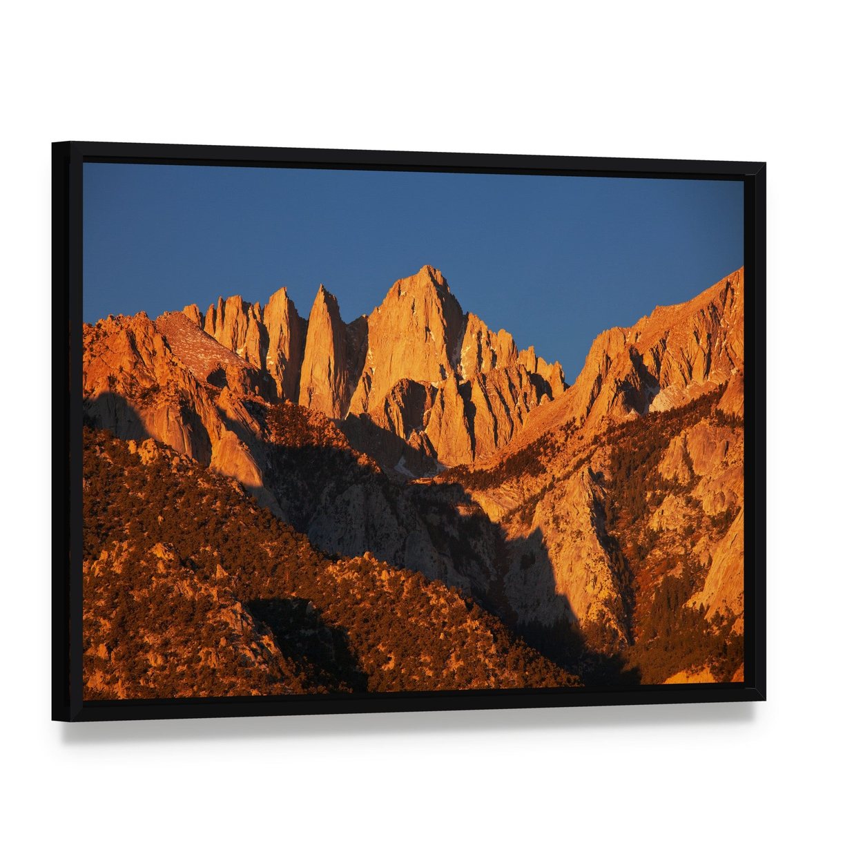 Mount Whitney at Golden Hour Canvas Wall Art, framed canvas in a black floater frame, angled product view