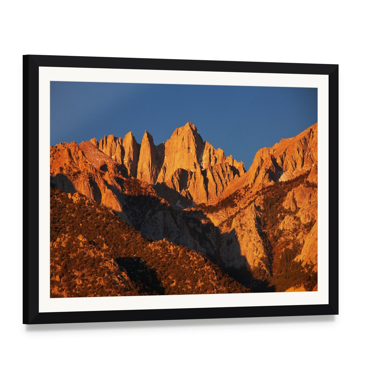 Mount Whitney at Golden Hour Canvas Wall Art, framed print with white mat and black frame, angled product view