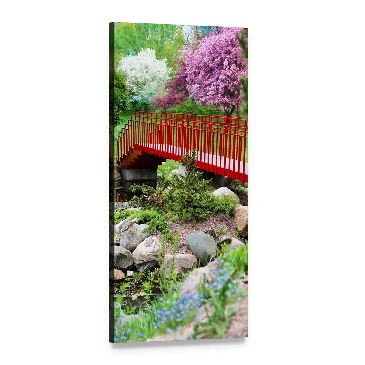 Red Bridge in Spring Garden Vertical Canvas Wall Art, 1 panel 1 Vertical layout gallery wrapped canvas set, angled product view