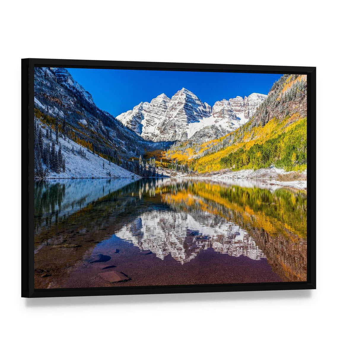 Tranquil Fall Foliage at Maroon Bells Canvas Wall Art, framed canvas in a black floater frame, angled product view