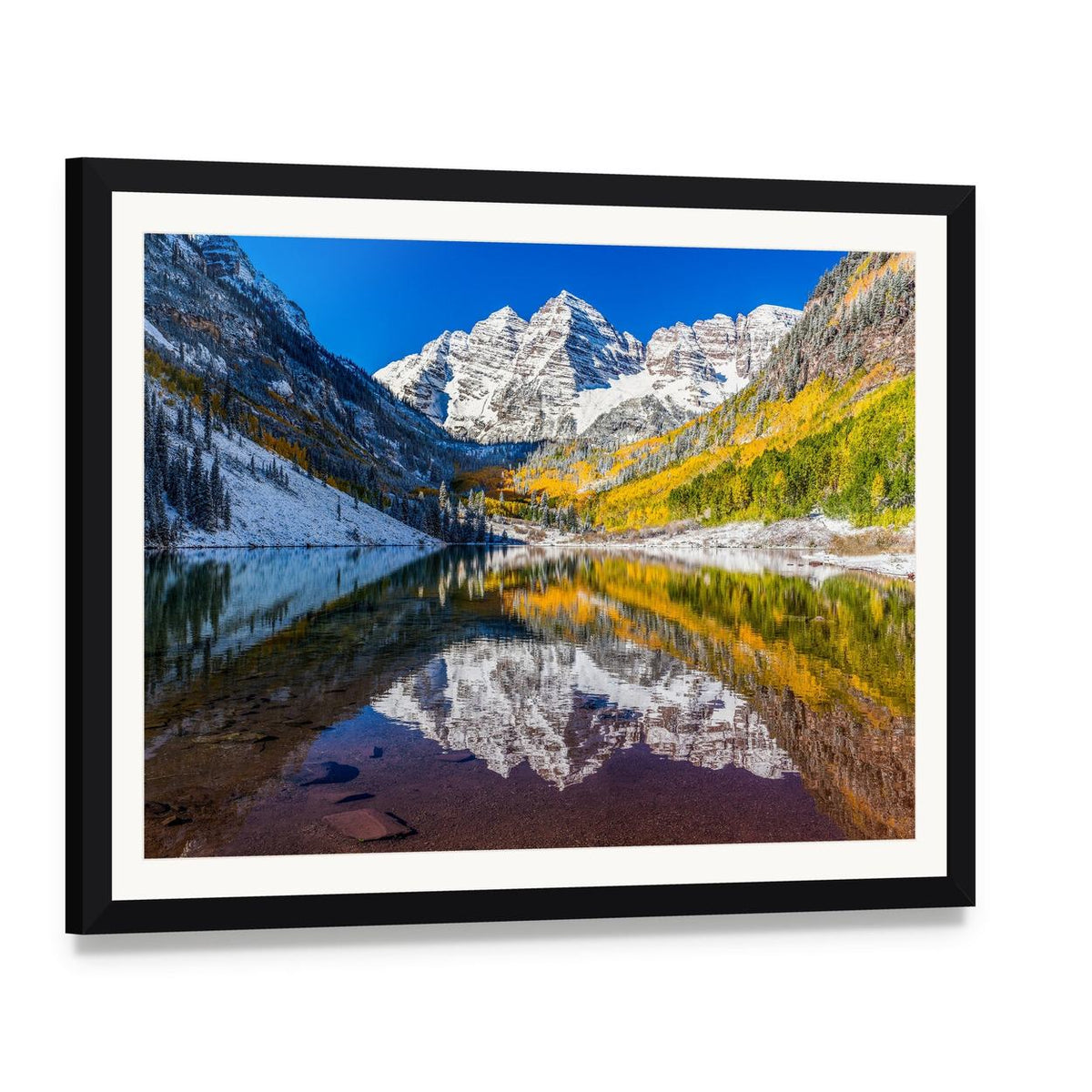 Tranquil Fall Foliage at Maroon Bells Canvas Wall Art, framed print with white mat and black frame, angled product view