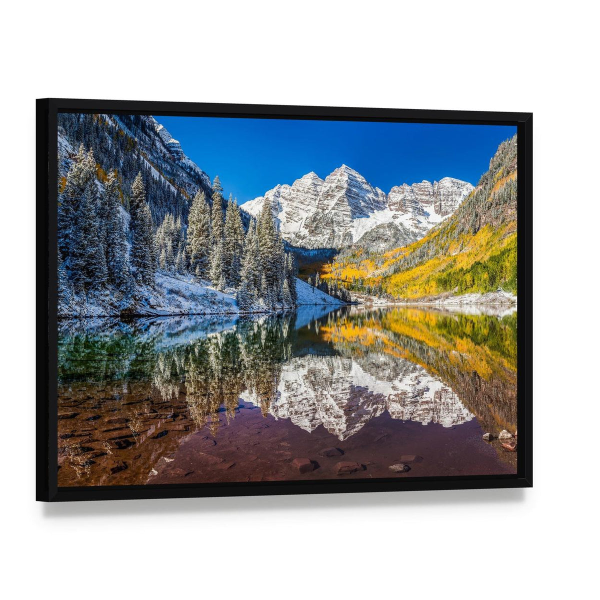 Autumn Reflection at Maroon Bells Canvas Wall Art, framed canvas in a black floater frame, angled product view