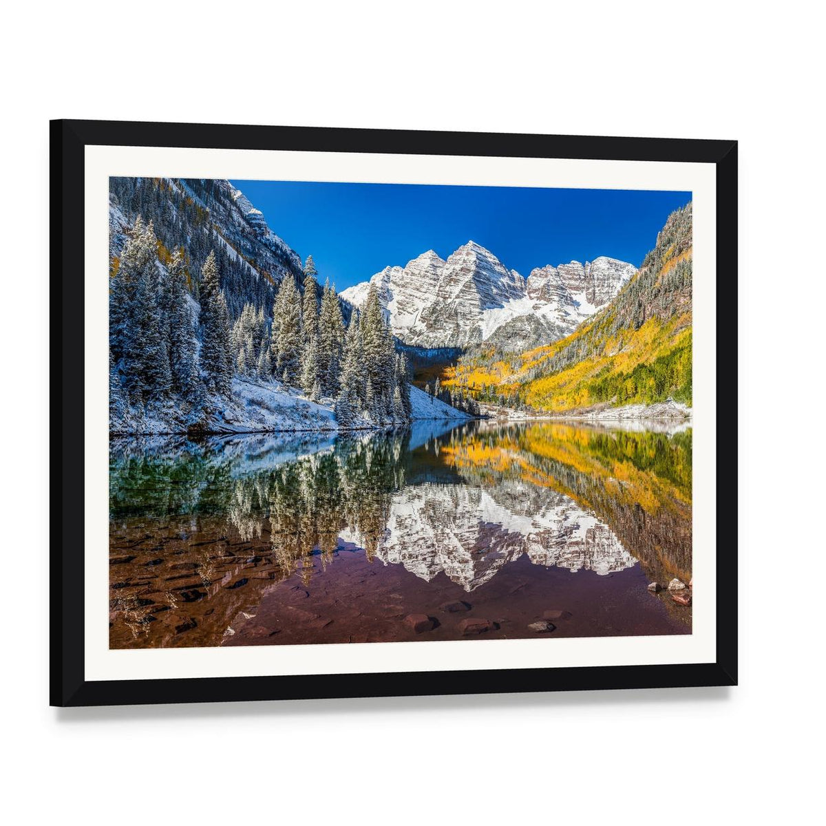 Autumn Reflection at Maroon Bells Canvas Wall Art, framed print with white mat and black frame, angled product view